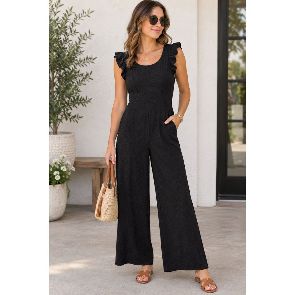 Caution To The Wind Womens Wide Leg Black Textured Jumpsuit Ruffle Sleeve Small